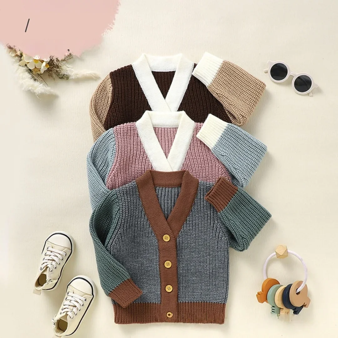 

Baby Autumn Clothes Color Block Knit Cardigan 0-3Y Kids V-Neck Button Down Sweater Boys Girls Casual Patchwork Knitted Outerwear