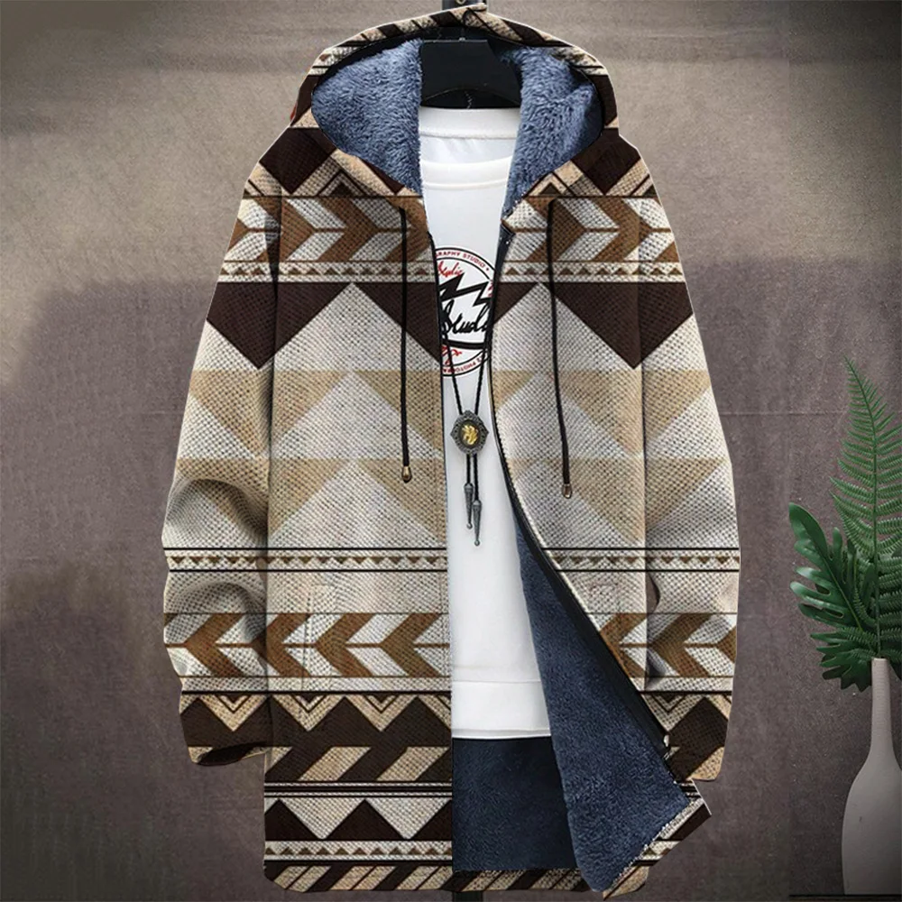 Men'S Native Retro Aztec Block Graphic Winter Coat Print Pattern Knitted Sweater Cardigan Zipper Hooded Thick Fleece For Youth