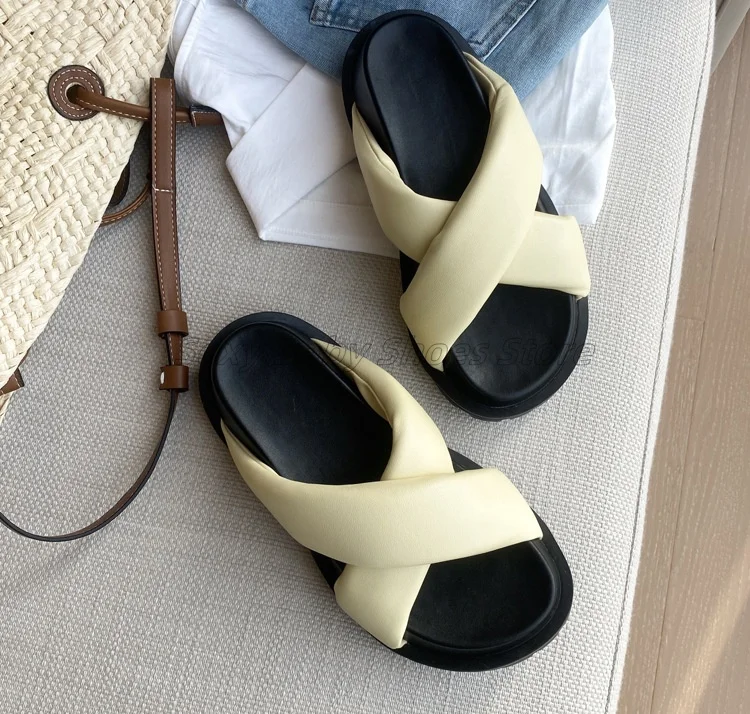 Weiche Schaffell Dicke Sohle Höhe Zunehmende Kreuz Band Schwamm Kuchen frauen Kühlen Mopp Runde Kopf Brot Stil Faul Hausschuhe trendy