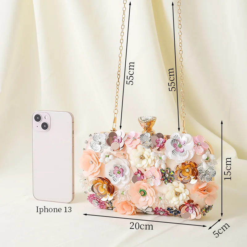 Floral Evening Dinner Handbag Beaded Flower Clutch Bag Metal Chain Crossbody Bag Banquet Handbag Wedding Prom Purse Dropship view 5