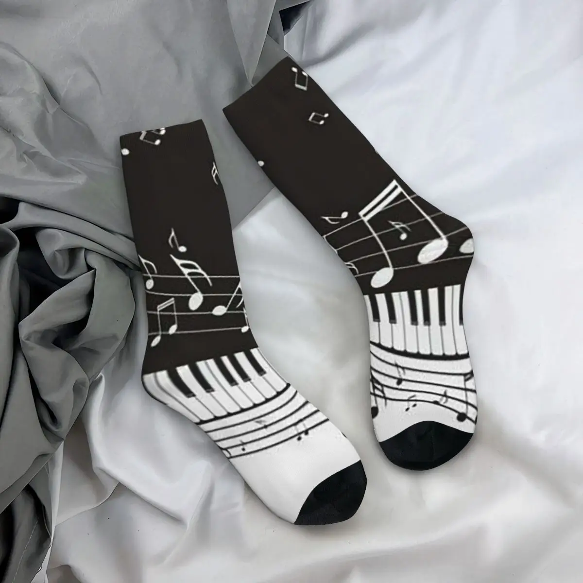 All Seasons Crew Stockings Golden Musical Notes Piano Keyboard Socks Fashion Long Socks for Men Women Valentine's Day Gifts