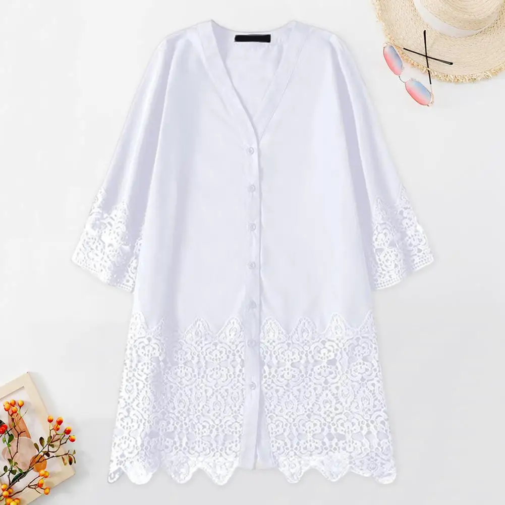 

Lightweight Dress Elegant Lace Hem Summer Dress with V Neck Three Quarter Sleeves Women's Beach Mini Dress with for Commuting