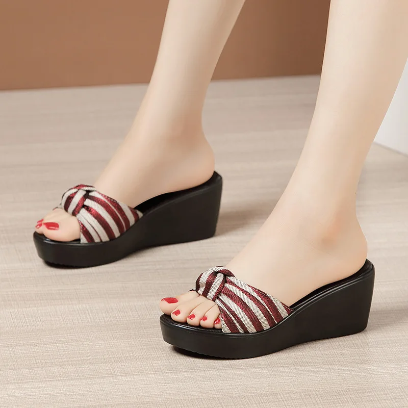 Small Size 32-43 Casual Beach Outside Office Stripe Bow Platform Shoes Women Slippers 2022 Summer High Heels Wedge Slides