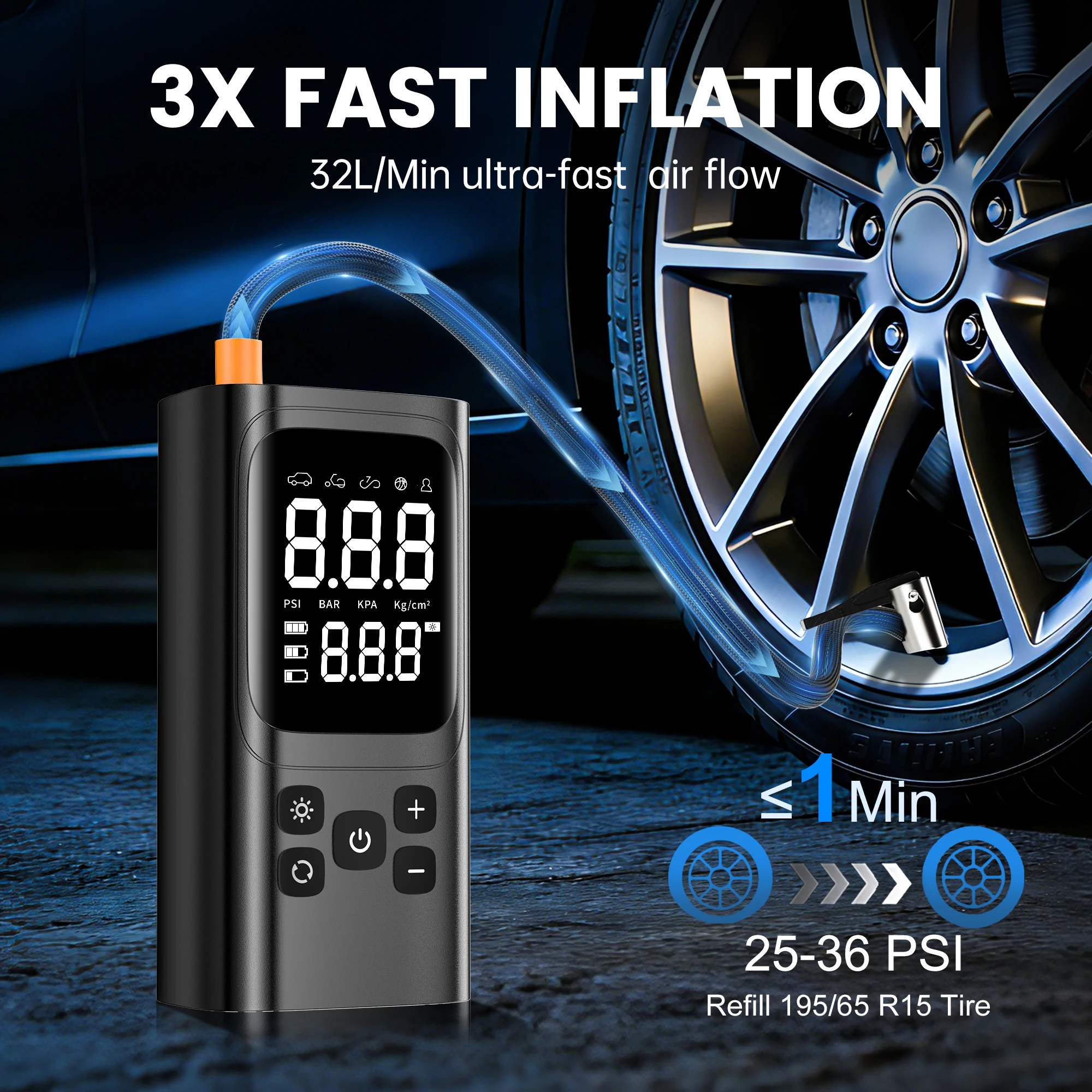 Tire Inflator Portable Air Compressor Cordless, 150PSI Air Pump with Auto-Stop, Digital Display, LED for Car, Motorcycle, Bike