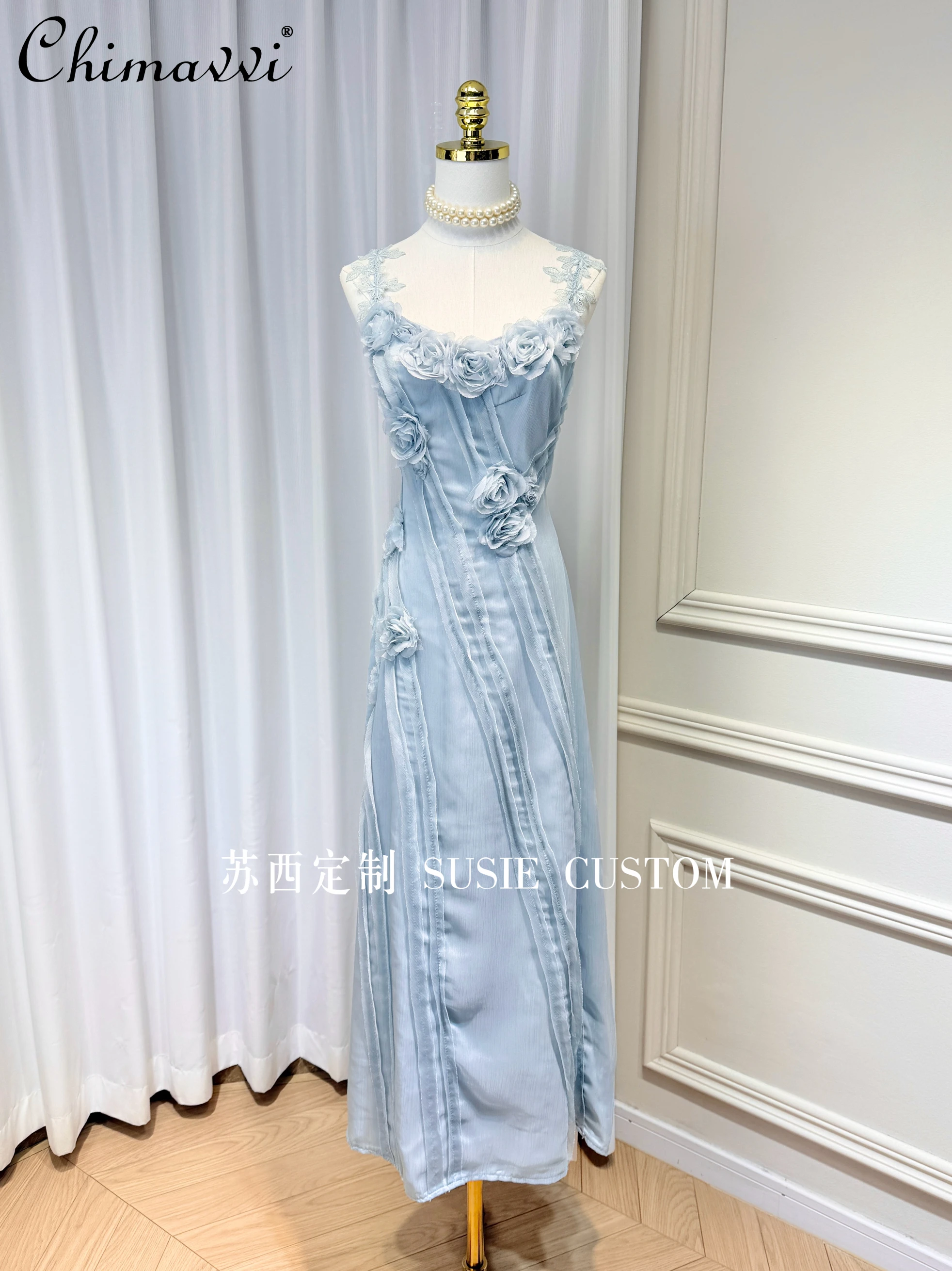 

Элегантное элитное элегантное нежное длинное платье на бретельках в сказочном стиле с 3D цветами, тонкое вечернее платье без рукавов с высокой талией для женщин