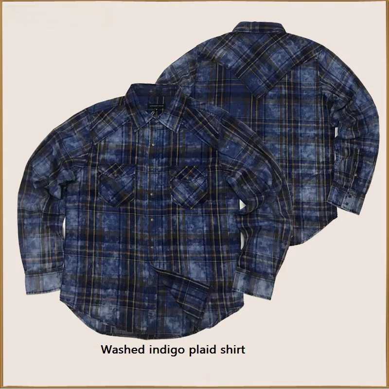 

American Sle Indigo Dyed Pure Cotton Ozone Waed Men's irt Vintage Faion Urban Youth Long Sve Plaid irt