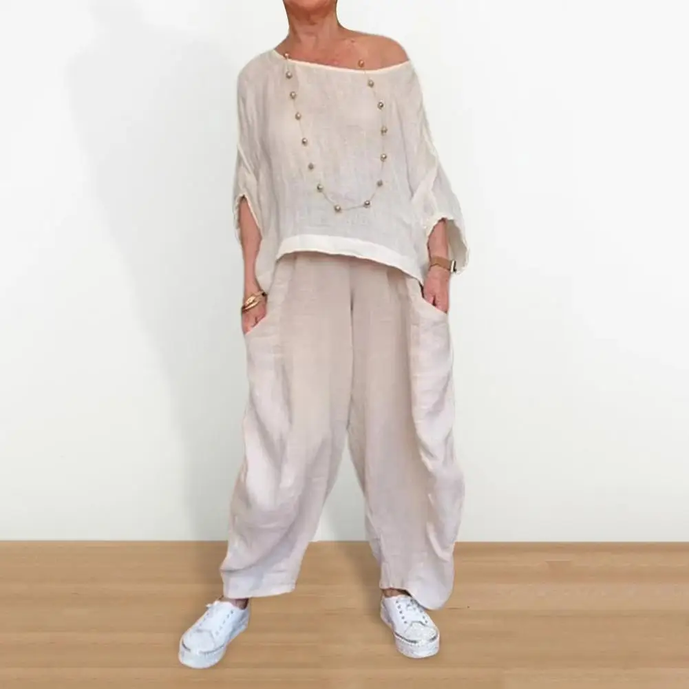 Loose Tracksuit Elegant Two-piece Blouse Pants Set for Women Stylish Round Neck Top with Wide Leg Trousers for Homewear
