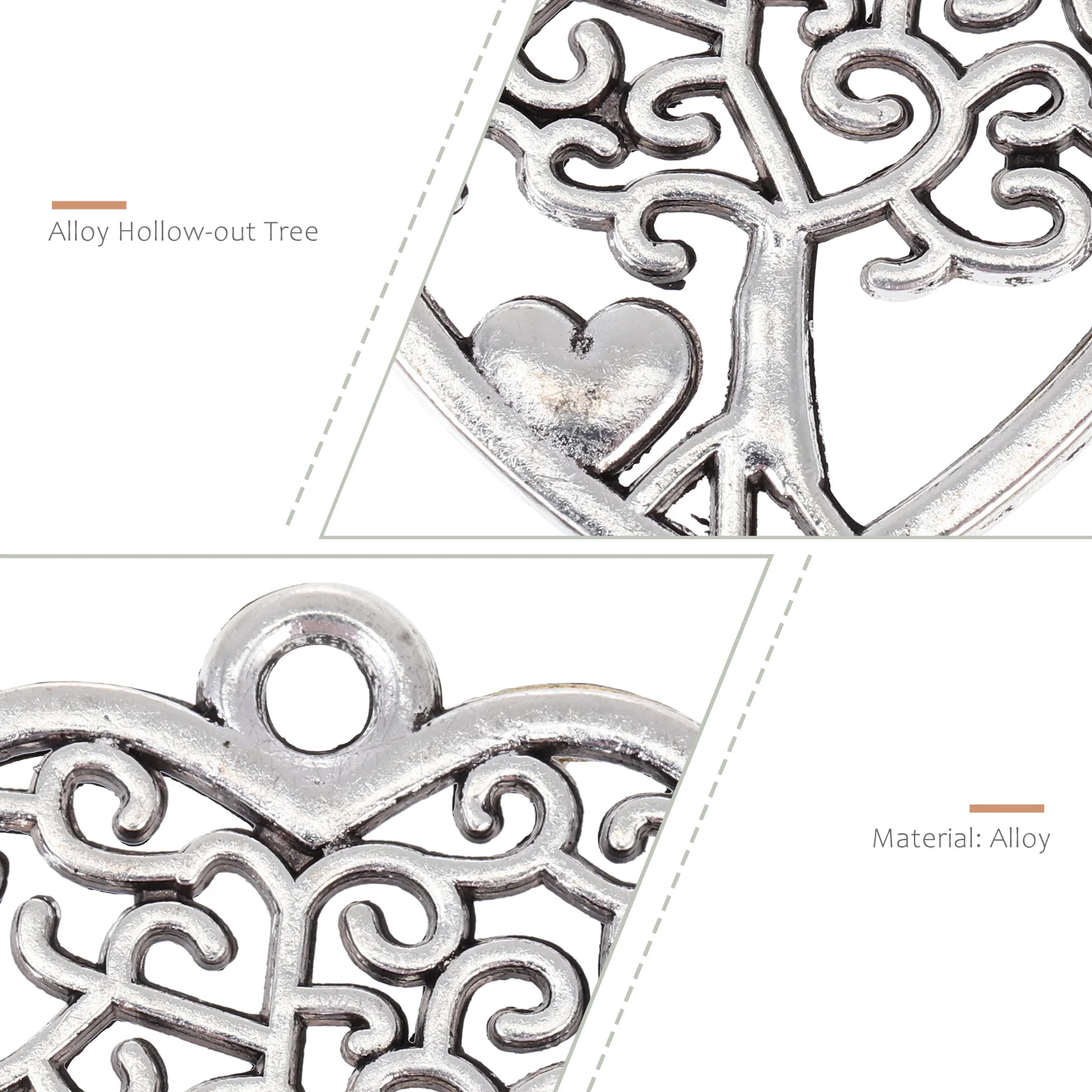 

50pcs Heart Shaped Tree Pendant Hollow Out Alloy Jewelry Accessories Silver DIY Decorations for Necklace Key Chain Bracelet