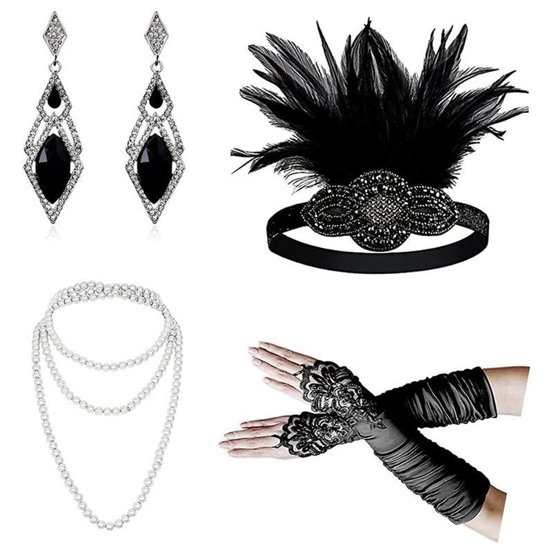 Hot kf-1920S Gatsby Cosplay Accessories Set Black More Perfect For Women Flapper Headband 20S Headpiece Necklace Gloves