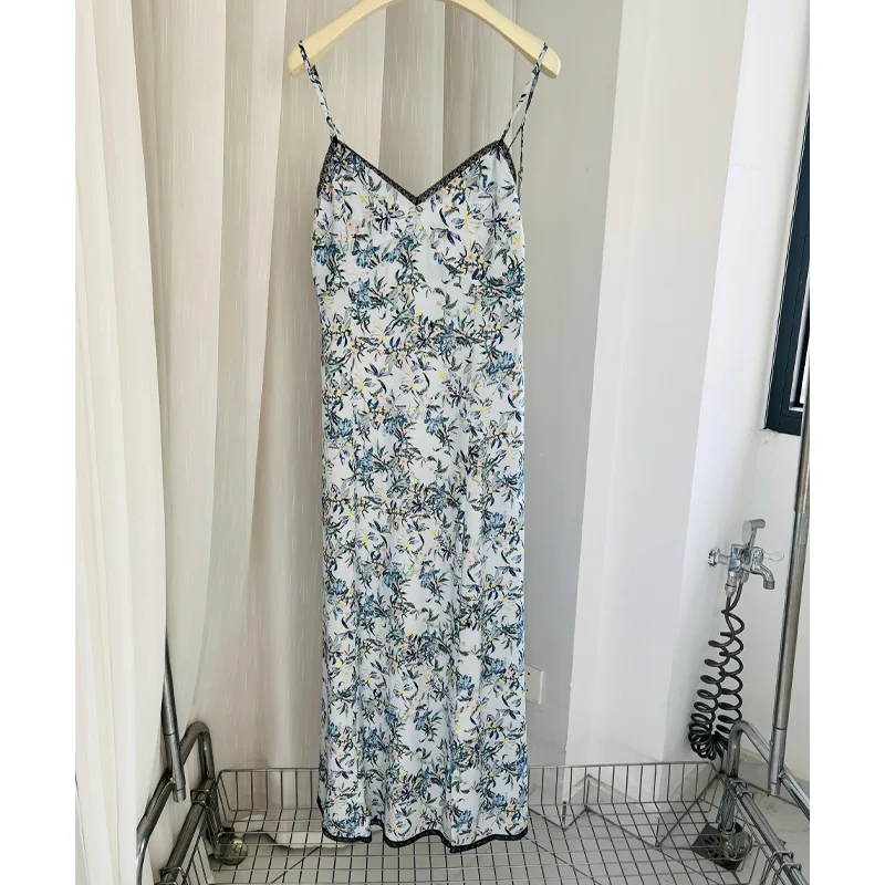 

Light Blue V-Neck Dress Female Floral Print Camisole Robe Casual Zadig Dresses Women Backless Lace Jupes Summer Split Long Robes
