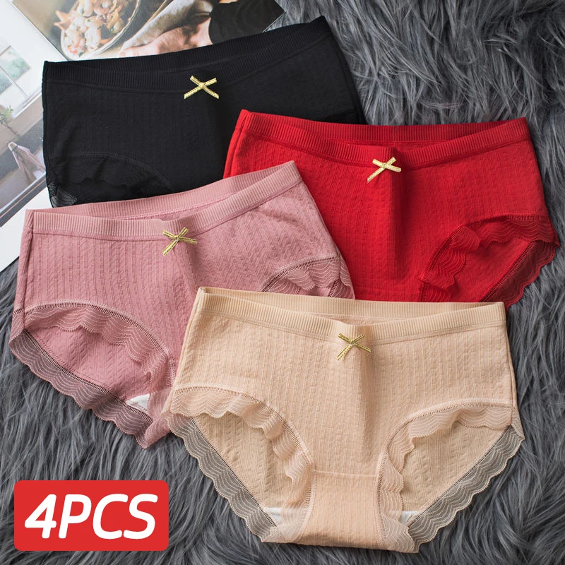 

4 Pcies/Set Fashion Women's Underwear Cotton Mid-waist Girly Underwear Ladies Lace Underwear Breathable Sexy Panties