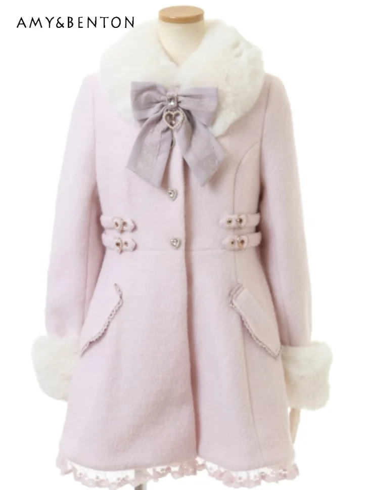 Autumn Winter Japanese Mine Series Mass-produced Fur Collar Removable Bow Wool Coat Sweet Cute Single-breasted Thickened Coats