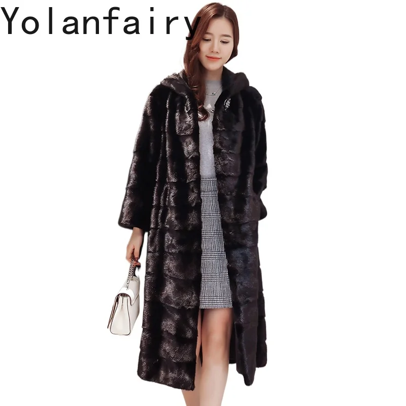 

YOLANFAIRY Natural Fur Coat Woman Luxury Real Fur Winter Splicing Mink Fur Jacket with Hood Long Black Coats Outerwears Fourrure