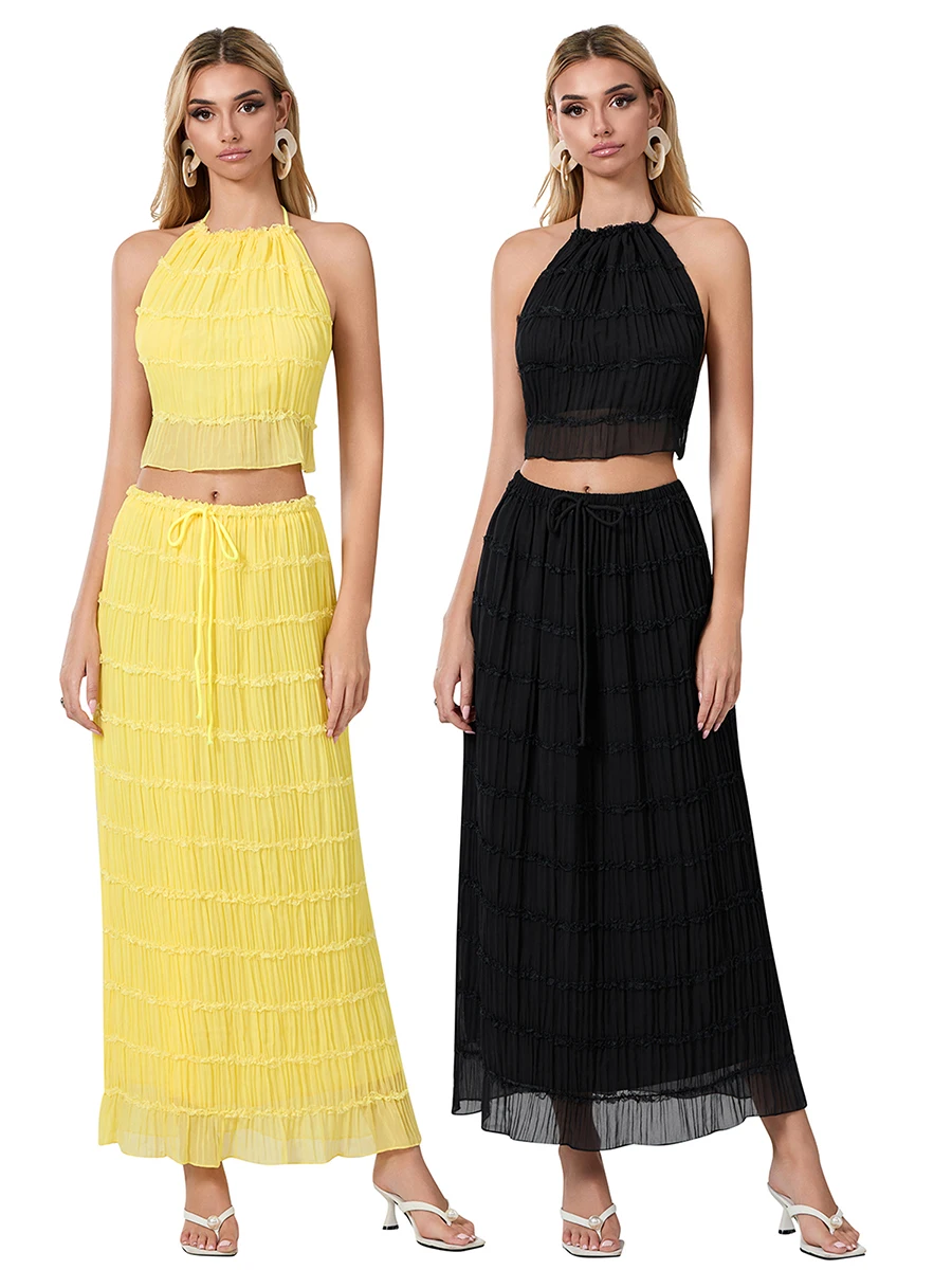 Womens 2 Piece Maxi Skirt Set Sleeveless Halter Lace Up Tank Top and High Waist Flowy Long Skirt Summer Ruched Outfits