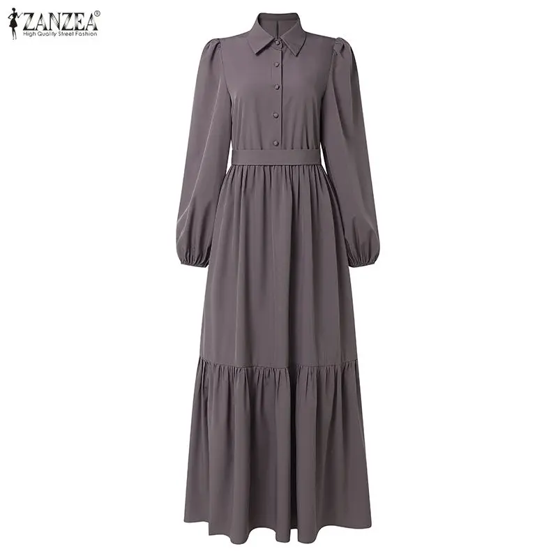 

2026 ZANZEA Elegant Muslim Abaya Dubai Hijab Dresses Women Long Sleeve Pleated Sundress Solid Belted Party Robe Kaftan Vestidos