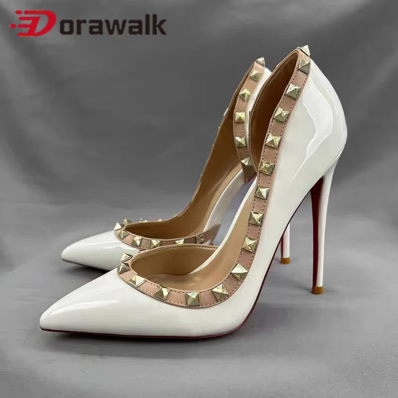 

12cm White Party Shoes For Woman Patent Leather Dress Open Sideways Rivet Thin High Heel Pointed Toe Pumps Ladies Size45 46
