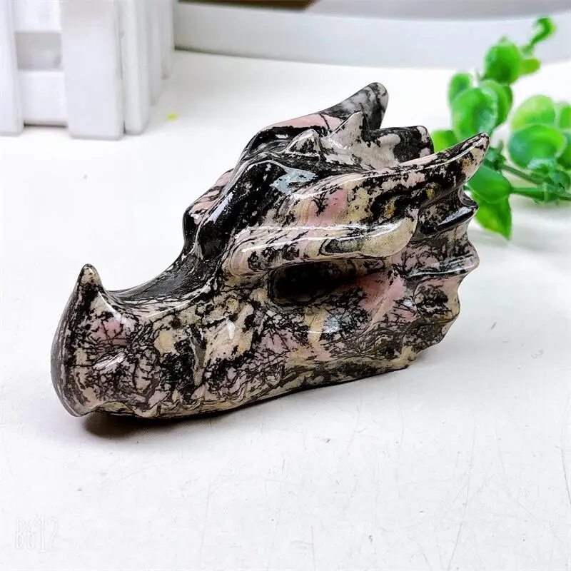 

10CM Natural Rhodonite Dragon Skull Carving Handmade Carved For Halloween Christmas Home Decoration Crafts Gift 1pcs