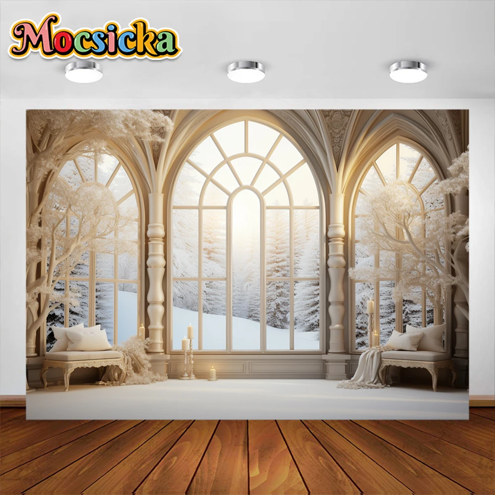 Winter Christmas Photography Background Window Forest Snow Xmas Kids Family Party Portrait Decor Backdrop Photo Studio Props