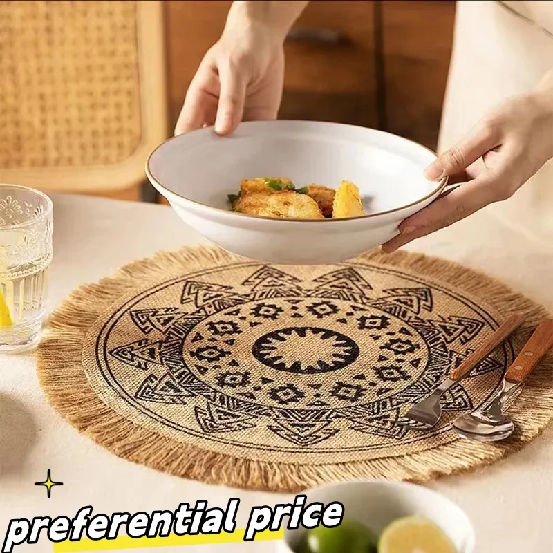 Round Jute Burlap Table Woven Placemats with Fringe,Vintage Place Mat Holidays Kitchen Everyday Table Decoration and Accessories