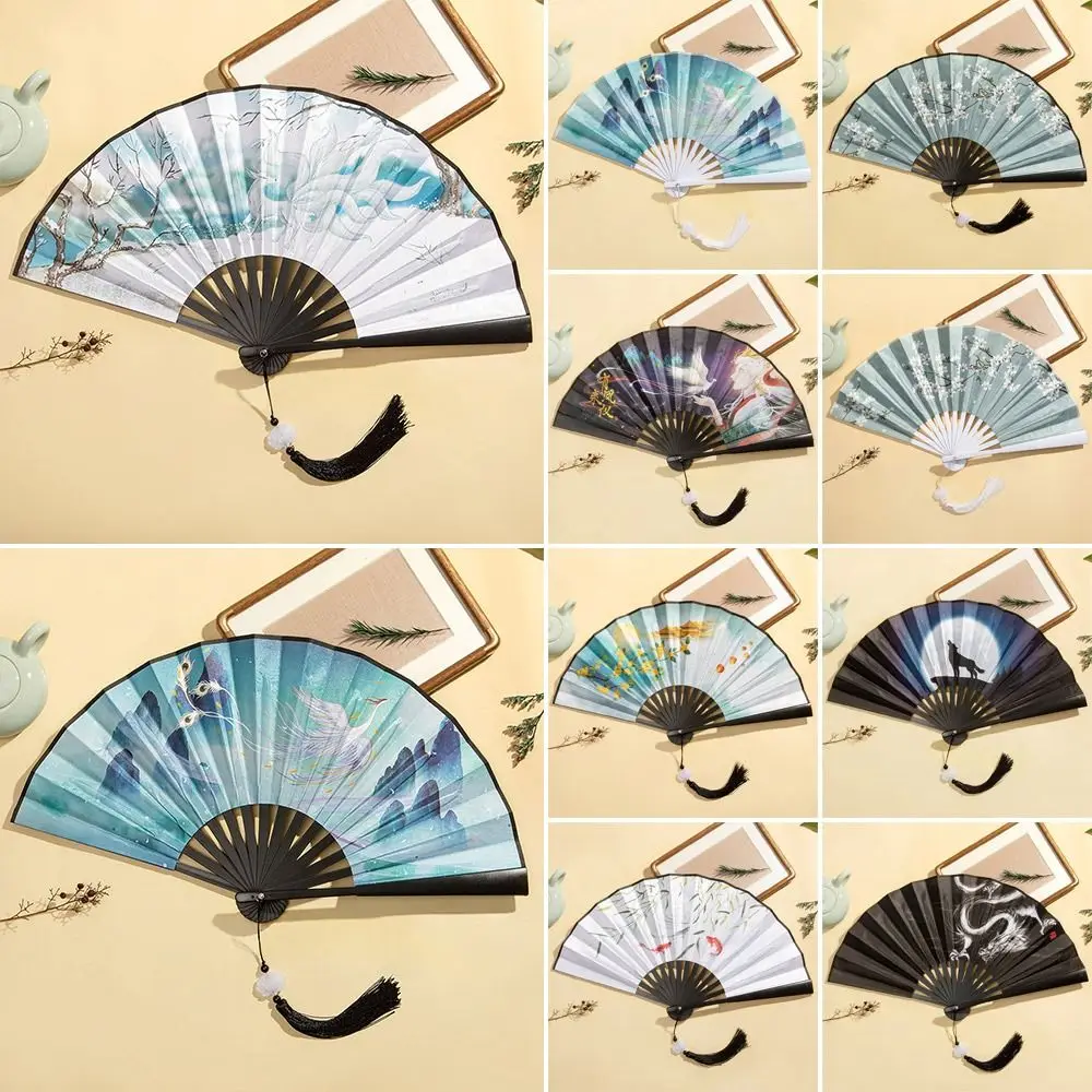 Bamboo Vintage Folding Fan Outdoor Silk Colorful Hand Fan Tassel Elegent Hand Fan Shank Classical Dance Fan Female