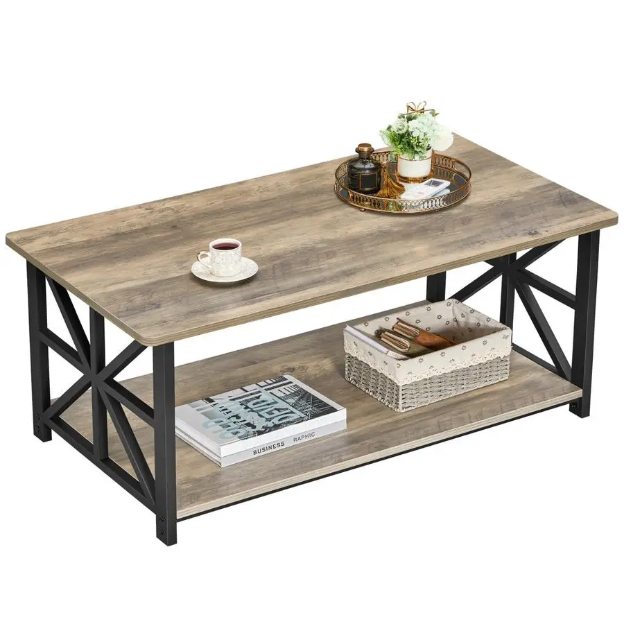 

Coffee Table for Living Room with Round Corners Farmhouse Style Center Table with Storage Shelf 39 Inch Space Saving Easy Assem