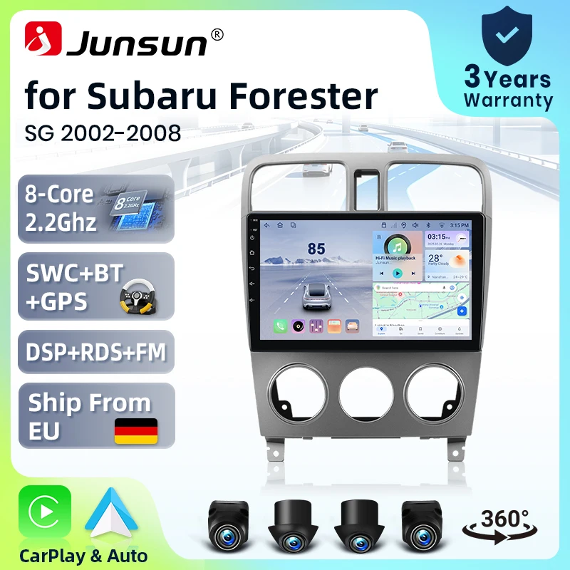 Systèmes stéréo intelligents Android 15 Junsun 9 pouces pour Subaru Forester SG XV 2002-2008, autoradio avec CarPlay sans fil, commande vocale AI, écran tactile IPS, lecteur multimédia intelligent, unité principale 2 Din, GPS, Mirror Link, Bluetooth automobile, 4G, 8 cœurs, FM, DSP, RDS