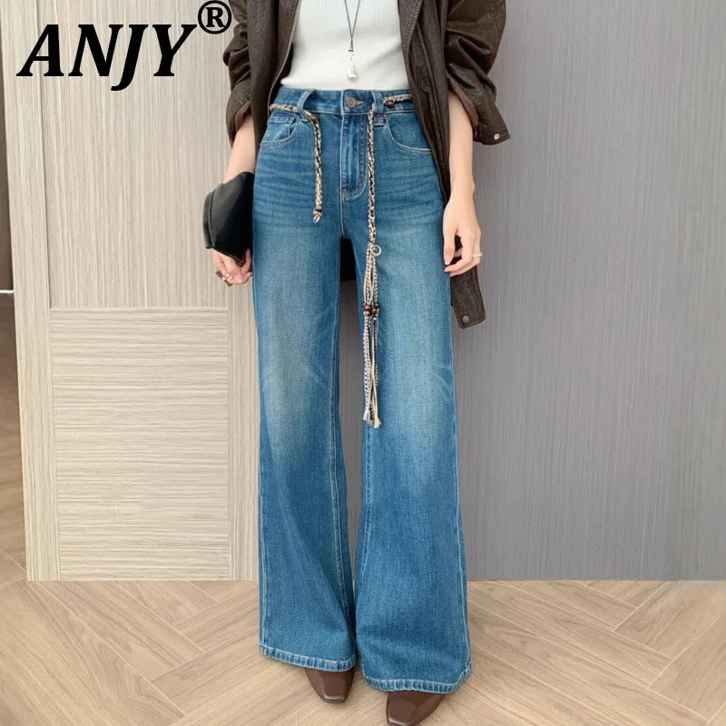 

ANJY Autumn New Women High-End Fashion Fresh Sweet Tide Flared Jeans Trendy Versatile Chic Casual Washed Belt Denim Pants A13086