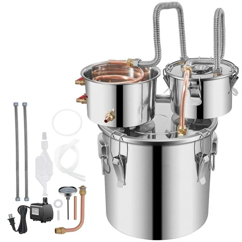 Alcohol Still, 3 Gallon, Stainless Steel Alcohol Distiller with Copper Tube & Build-in Thermometer & Water Pump, Double Thumper Keg Home Brewing Kit, for DIY Whiskey Wine Brandy