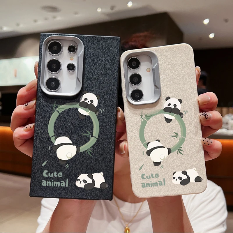 Cute Panda Leather Texture Soft Case For Samsung Galaxy S24 S23 S22 Ultra S24 FE A55 A54 A52 A35 A15 A25 A14 A16 5G Phone Cover