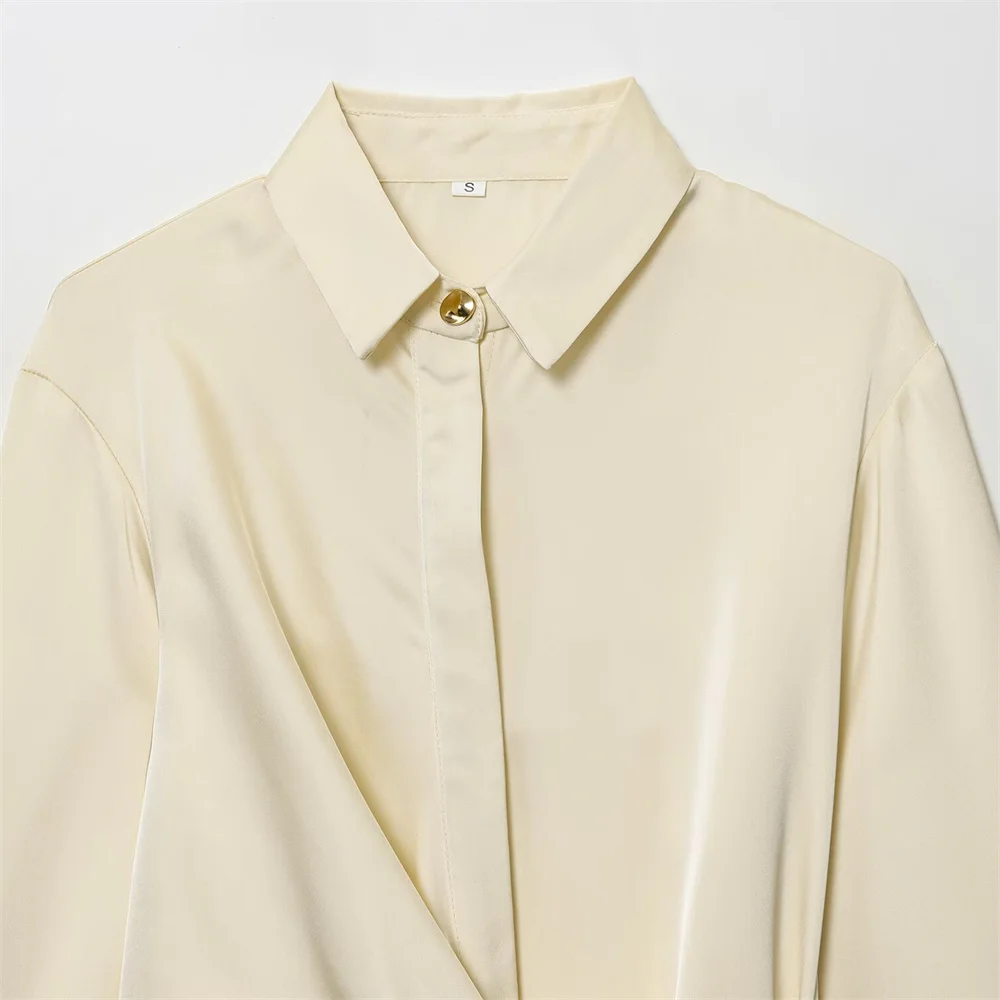 Autumn and winter new women's clothing style elegant long sleeved lapel silk texture double breasted solid color shirt