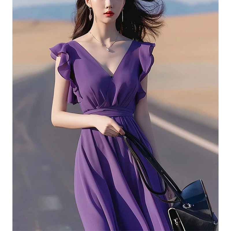 Summer V-neck Ruffles Purple Waist A-line Dress Ladies Flying Sleeve Elegant Fashion Robe Women Slim Casual Temperament Vestidos