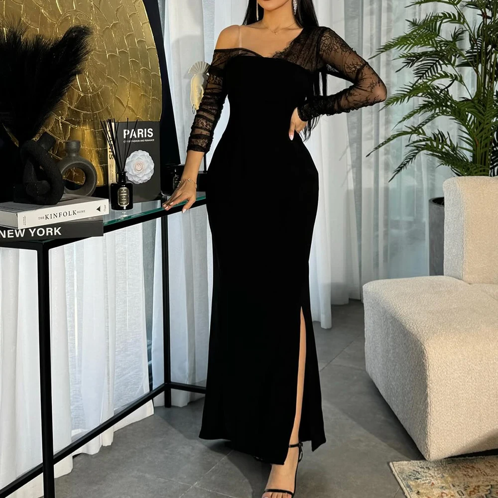 

Customized Jersey Straight Off the Shoulder Lace Evening Dress Side Slit Floor Length Long Sleeves Sweep Train Black Delicate