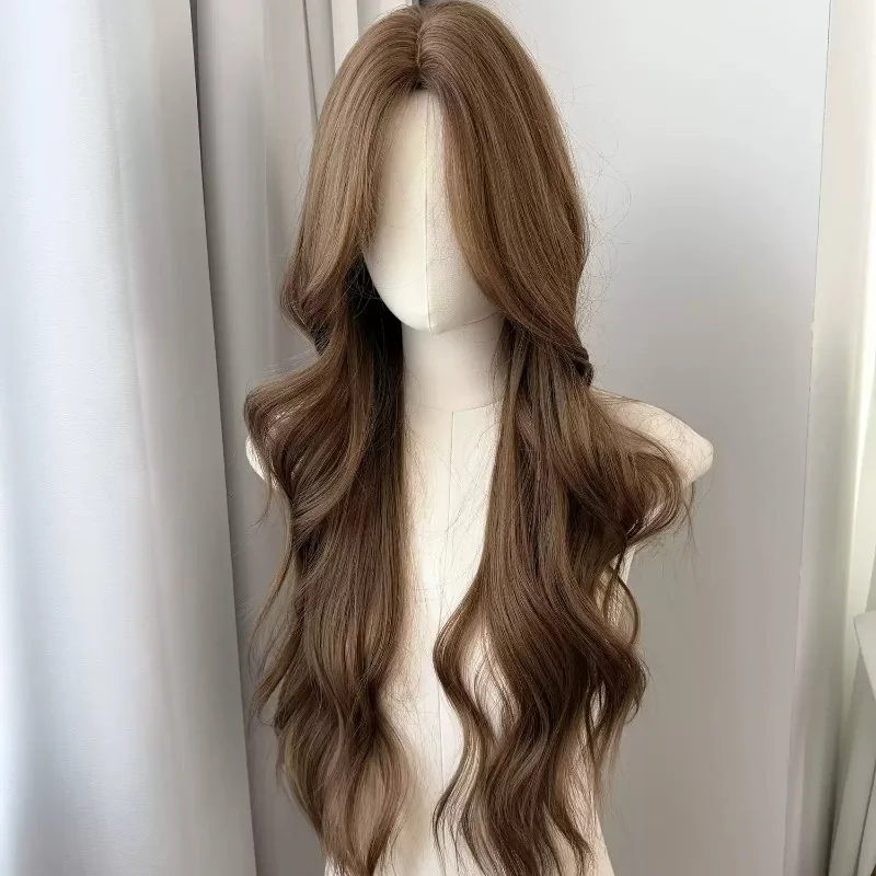 Milk Tea Golden Brown Long Wig for Women, Middle Part Big Wave Synthetic Hair Wig, Girl Group Style Full Head Wig