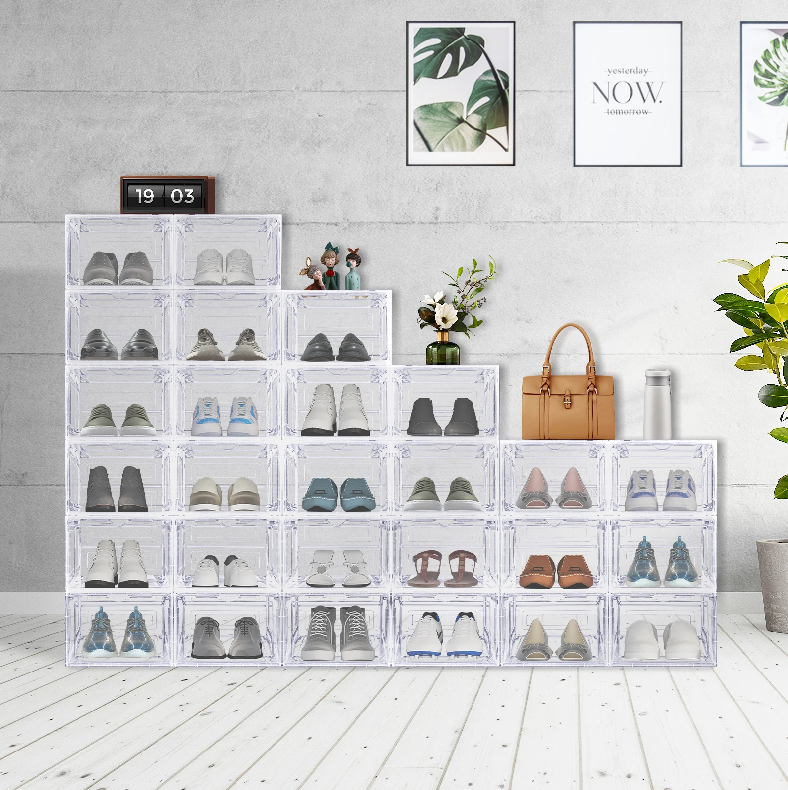 Boîte de rangement pour chaussures, boîte à chaussures, boîte à collations, boîte à chaussures empilable et pliable en plastique avec fermeture magnétique, adaptée aux vêtements, aux chaussures et aux collations