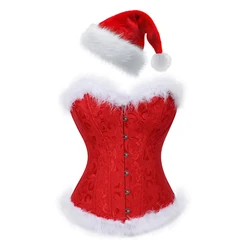 Womens Steampunk Corset Costume Christmas Fancy Corset Tops White Feather Trimming Corselet Lace-up Bustier with Red Velvet Hat