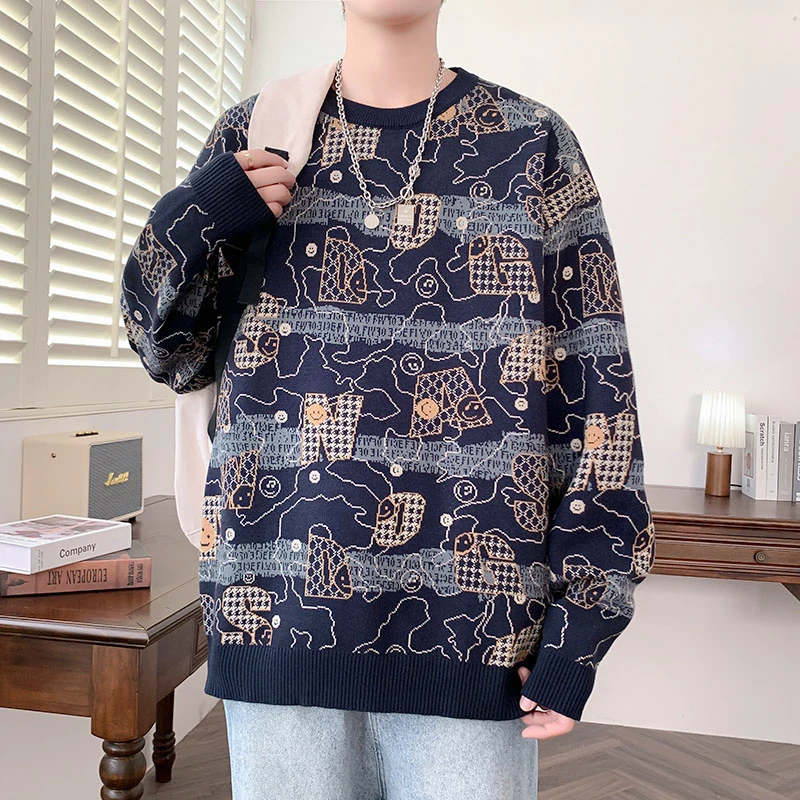 

Winter Fashion Sweater Men Print Casual Knit Pullovers Mens Thick Warm Harajuku Loose Knitted Sweaters O-Neck Streetwear