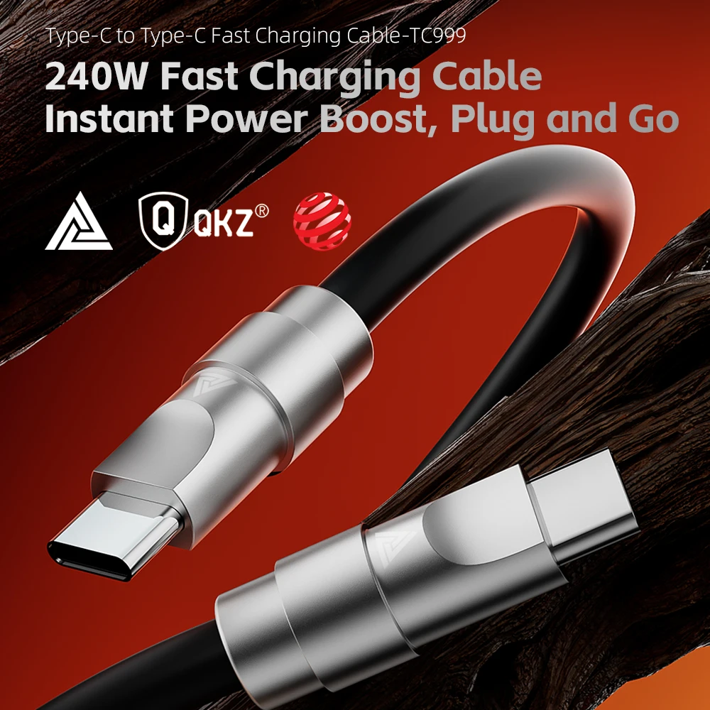 كابل شحن سريع QKZ Type C 240 واط وشحن سريع للغاية PD 240 واط وشحن فائق السرعة QKZ TC999 كابل شحن لأجهزة Samsung Huawei iPhone 17 16 15Pro Tablet iPad كابل شحن USB C متوافق تمامًا مع نقل البيانات