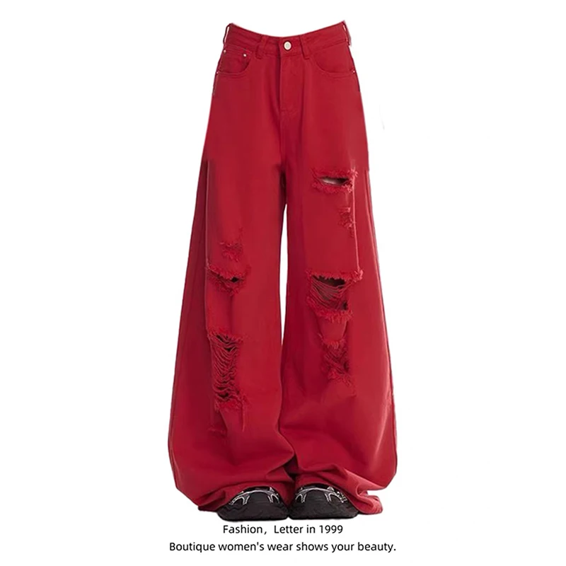 ZHIZOU Women Red Ripped Jeans Baggy Vintage Aesthetic Streetwear Cowboy Pants Harajuku Oversize Denim Trousers Y2k 2000s Clothes
