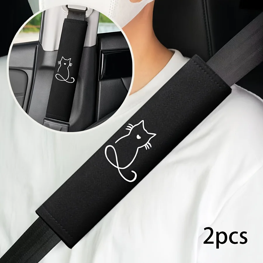 1Pair Embroidered Kitten Car Seat Belt Shoulder Pad Universal Ice Silk Cover Soft Textile Anti-Pinch Safety Interior Accessories