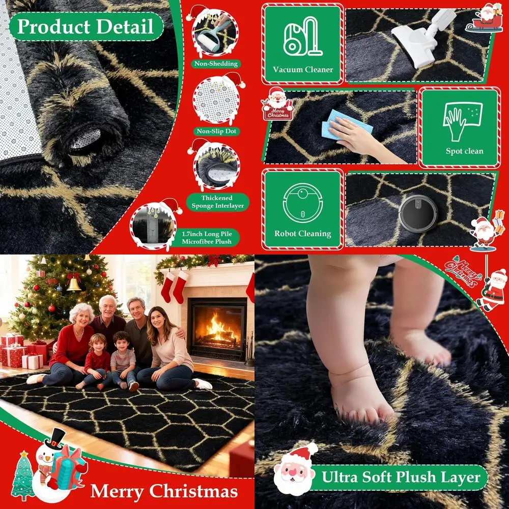 

Luxurious Shag Rugs for Living Spaces, Plush Fuzzy Carpets for Bedrooms, Non-Shedding Geometric Designs in Black & Gold for Kids