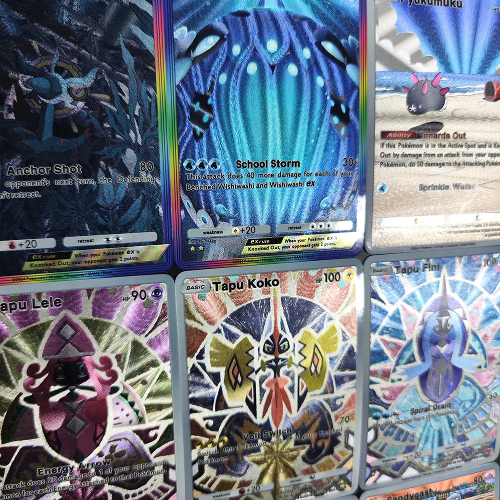 9PCS/Set TCG Pocket English Wishiwashi Dhelmise Oricorio Pyukumuku Sandygast Tapu Bulu Fini Koko Game Texture Flash Card Toy