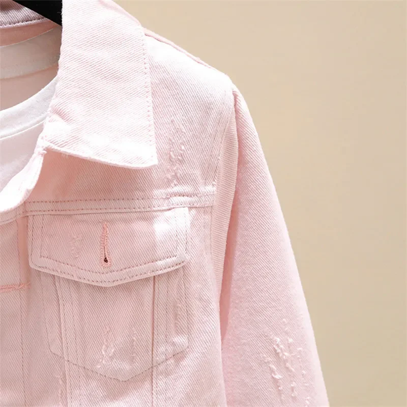 

Pink White Denim Jacket Coat Women Korean Slim Short Casual Cowboy Outerwear Frayed Long Sleeve Big Pocket Jeans Jacket Female