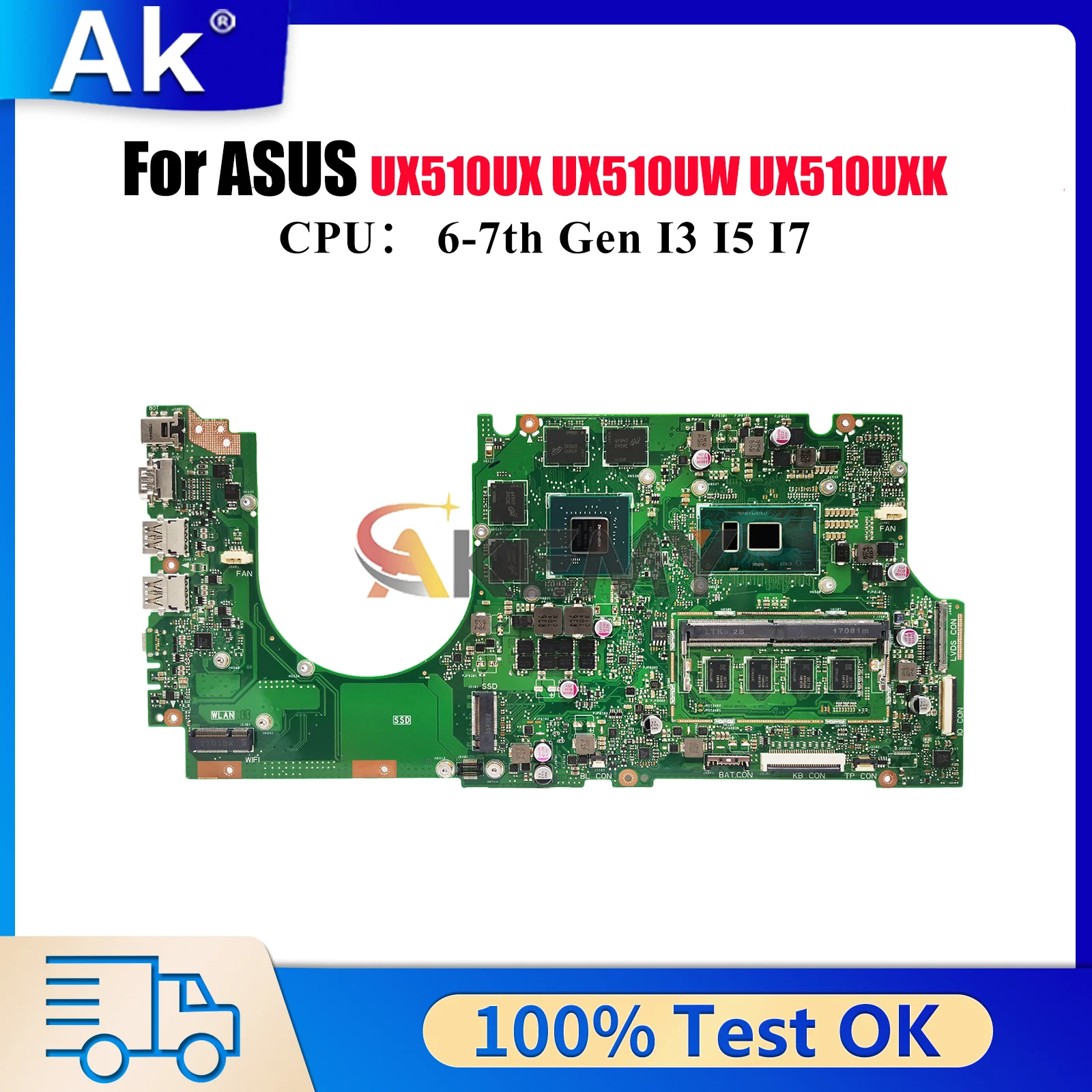 

UX510UX Материнская плата для ноутбука ASUS ZenBook V510U UX510UW U5000U UX510UWK UX510U UX510UX UX510UXK Материнская плата с процессором I3 I5 I7