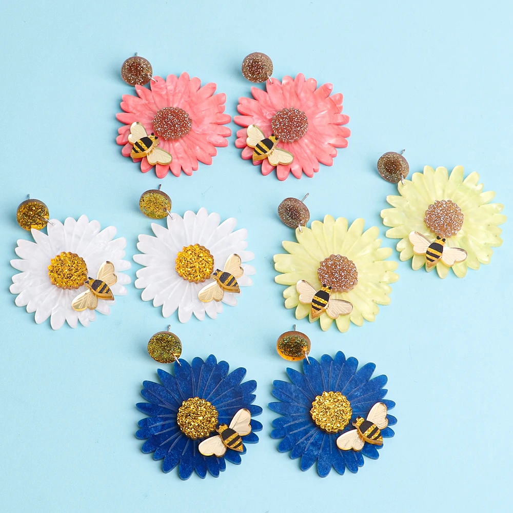 New Bright Colorful Sunflower Acrylic Earrings for Women Fashion Glitter Big Daisy Bee Dangle Drop Earrings party Jewelry Gifts