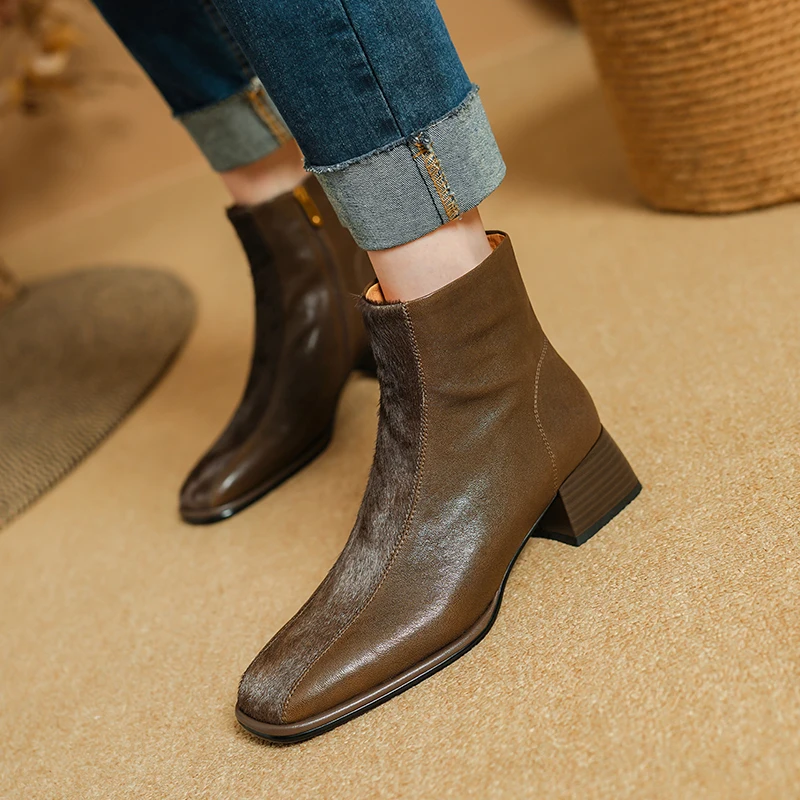 NEW Autumn Women Boots Genuine Leather Shoes for Women Square Toe Chunky Heel Shoes Slip-on Ankle Boots Horsehair Handmade Boots