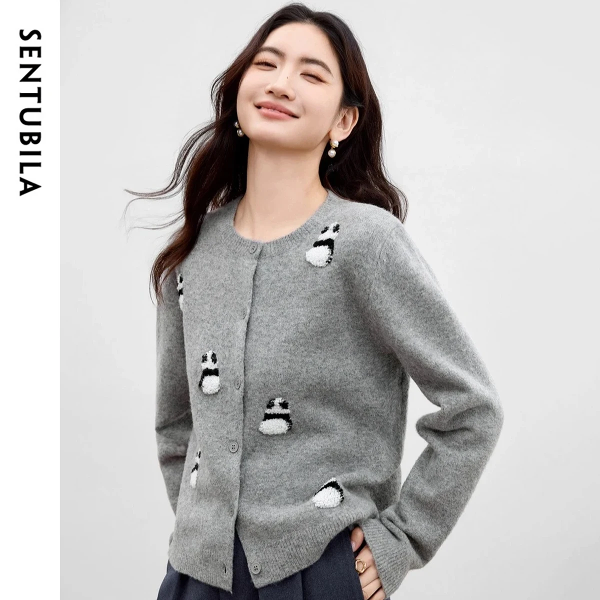 

SENTUBILA Women's Fun Panda Wool Cardigan Autumn 2025 Commuter O-Neck Single-Breasted Loose Fit Knitted Sweater Coat W53EB3143