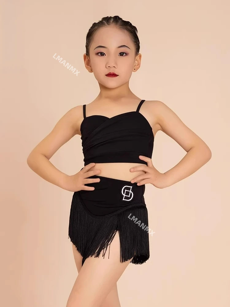 

Новинка 2024, детское платье для латинских танцев, летнее тренировочное платье, топ на бретелях для девочек, юбка с кисточками, тренировочное платье для выступлений