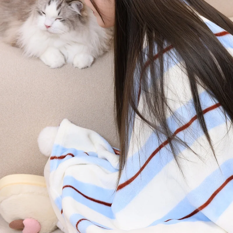 Cute Panda Pattern Flannel Blanket Super Soft Fuzzy Plush Throws for Couch Striped Decorative Blanket for Cats Home Nap