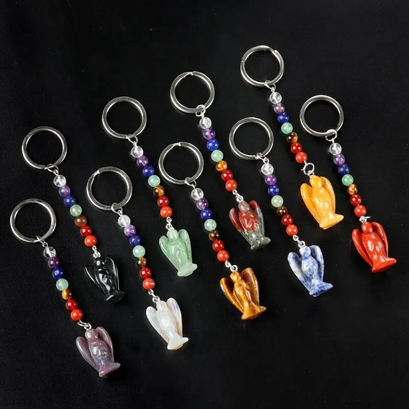 1pc 18x28mm Random Natural Stone Angel Keychain Agate Amethyst Quartz Guardian Angel Seven Chakras Pendant Jewelry Accessories