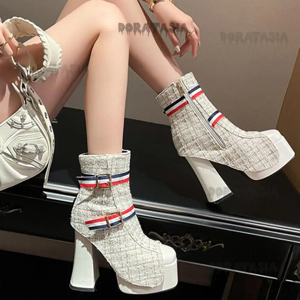 Comfy High Heeled Platform Women Boots New Fashion Chunky British Style Ankle Boots Casual Buckle Side Zipper Retro Shoes Women